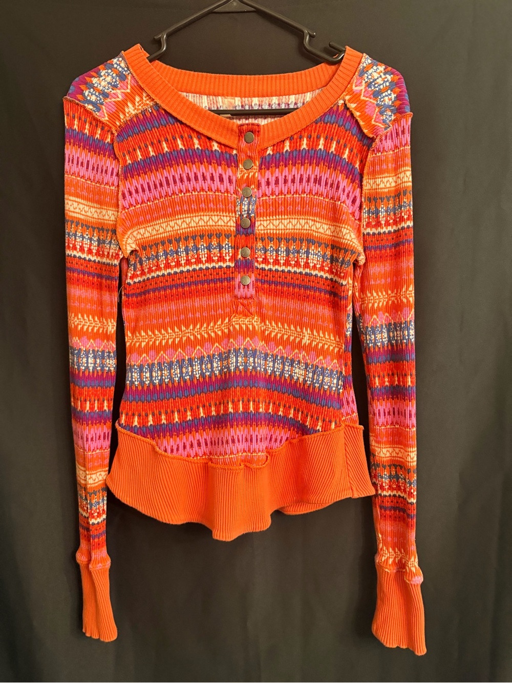 Free People We The Free Orange Fair Isle Thermal Henley Top Size S